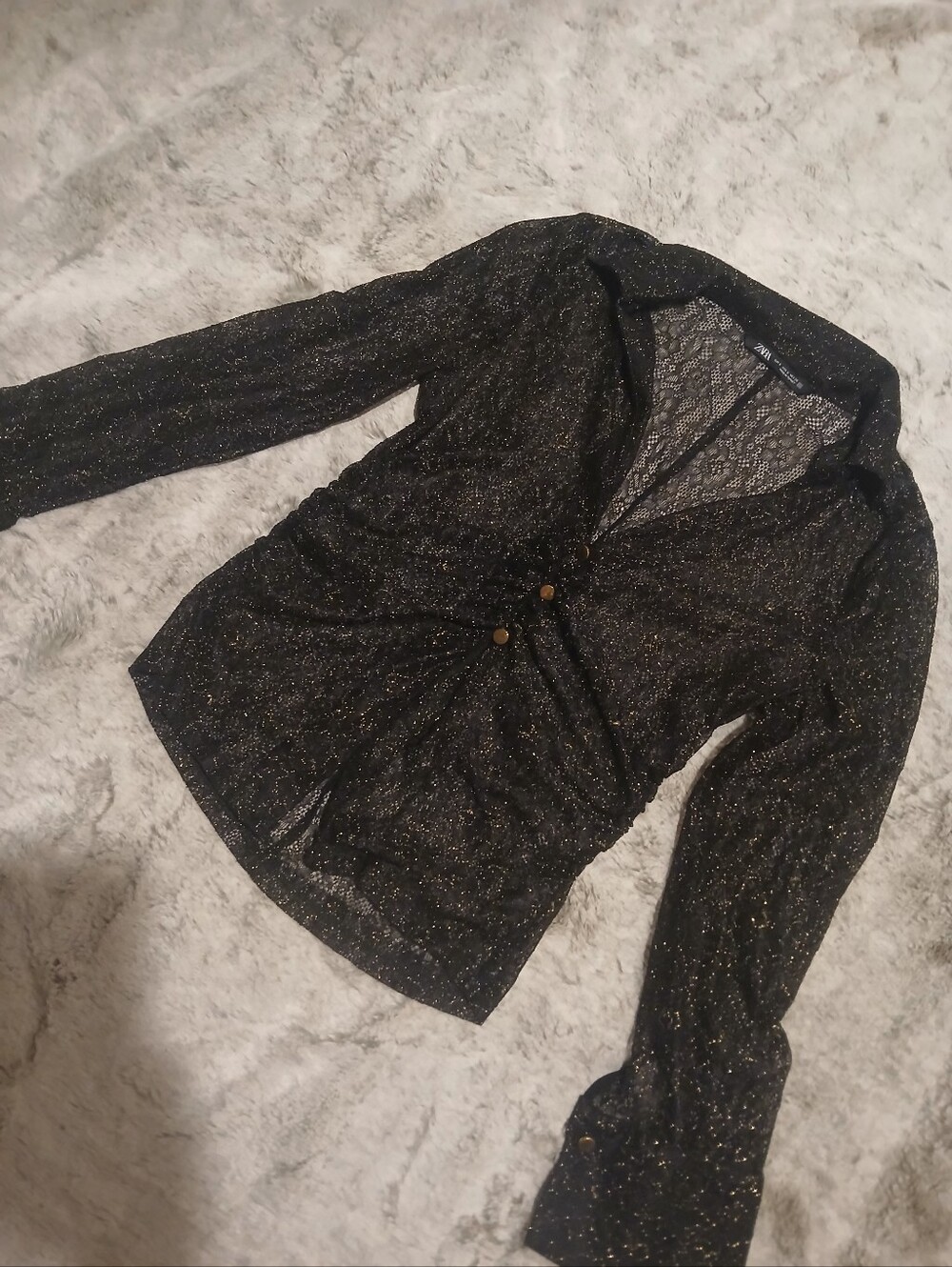 Zara Black Sheer Lace Blazer with Gold Accent Buttons